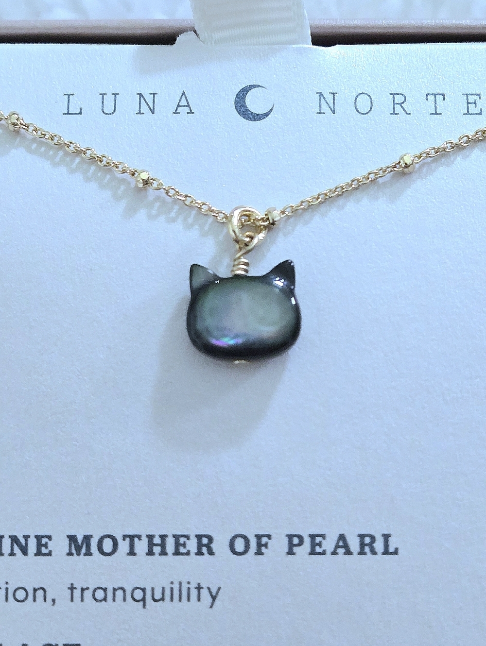 Luna🌙 Norte Grey🩶 Mother of Pearl Cat Head🐱 Pendant Necklace - NIB